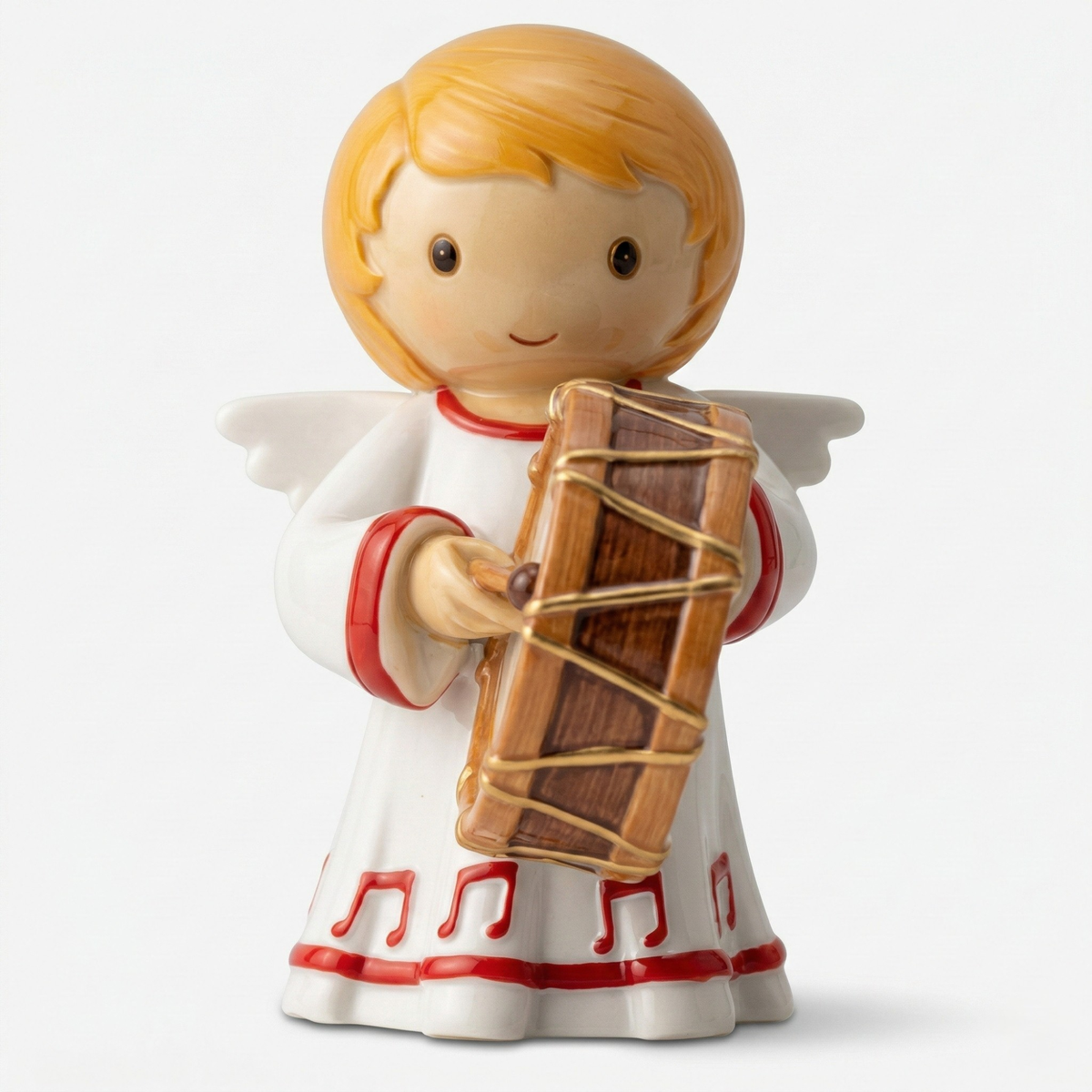 Figura de anjo músico em resina, pintada à mão