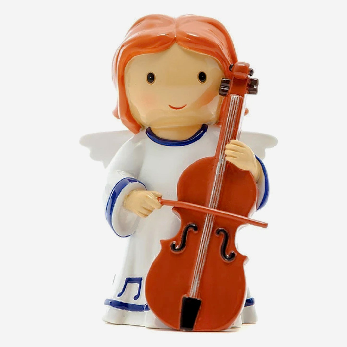 Figurine of an angel playing a cello on a white background