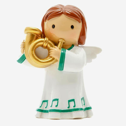 Angel figurine with a gold instrument on a white background
