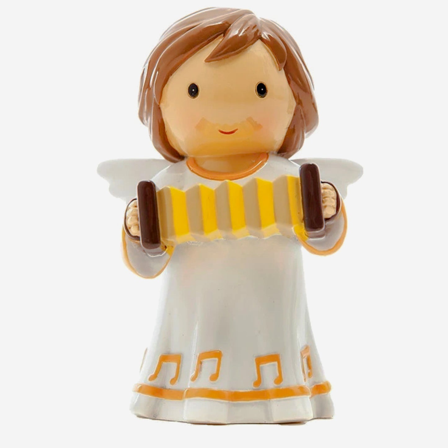 Angel figurine with brown hair, white and yellow outfit on a white background