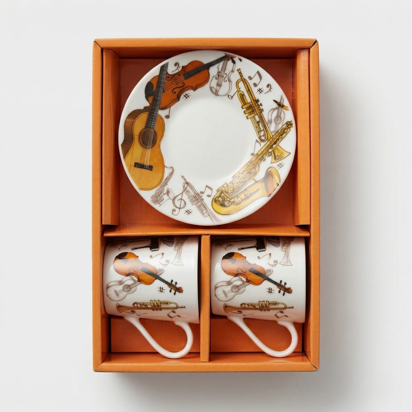 Musical espresso cup and saucer set with instrument design on white