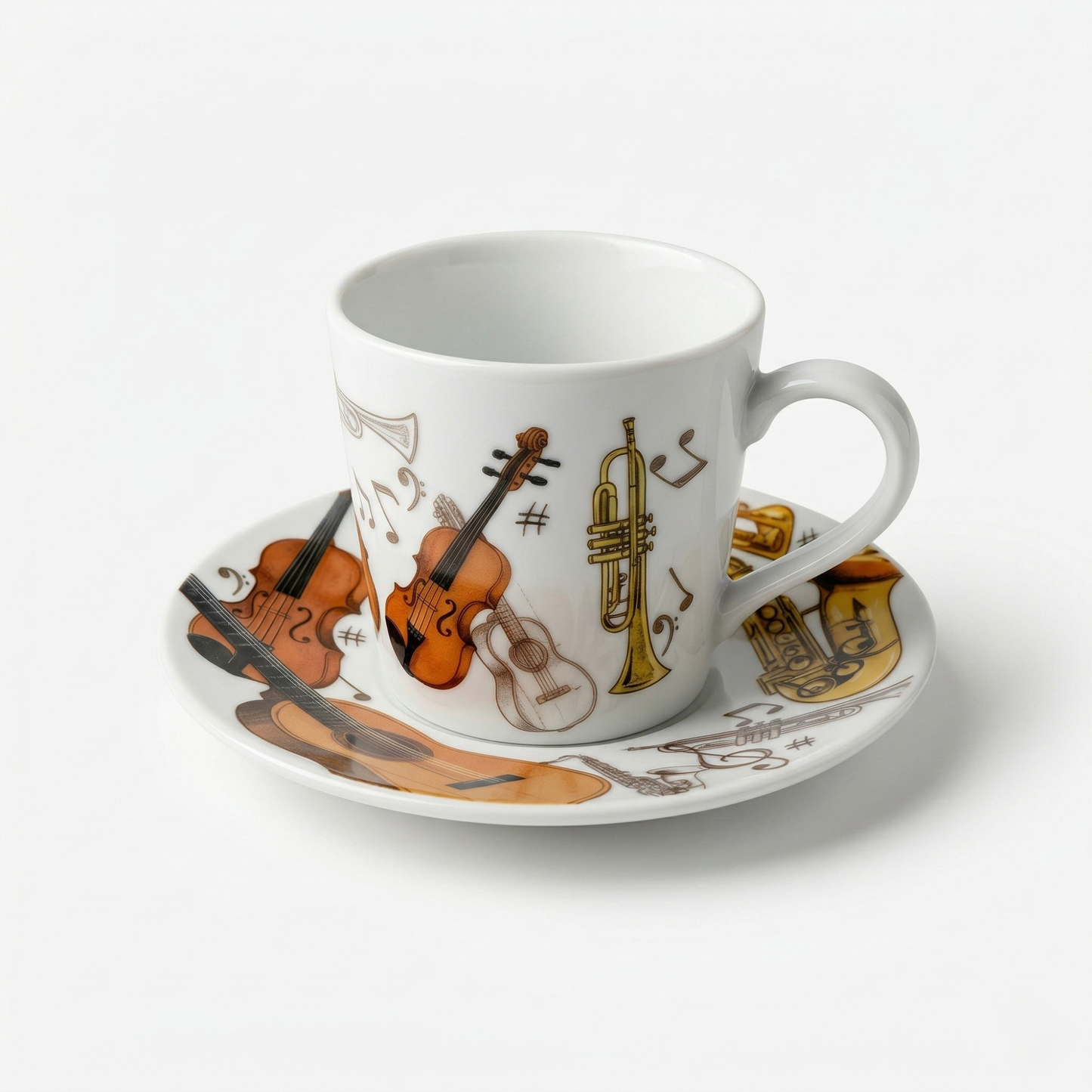 Musical porcelain espresso cup showing instrument motif close-up