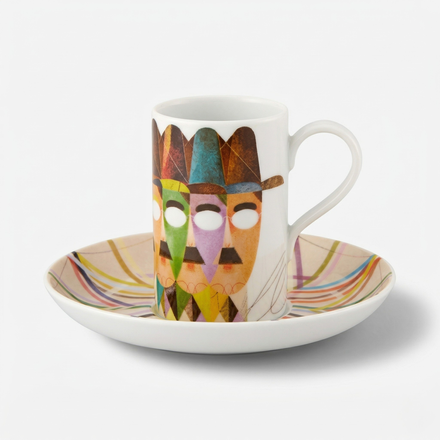 Vista Alegre Fernando Pessoa espresso cup with faces of Fernando Pessoa artwork and saucer