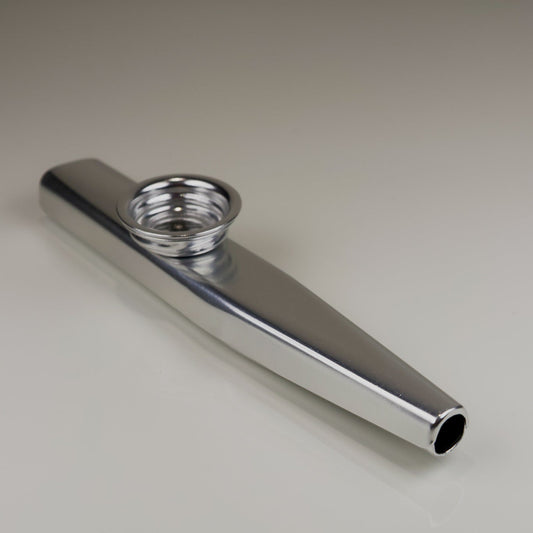 Chrome metal kazoo on a light gray background