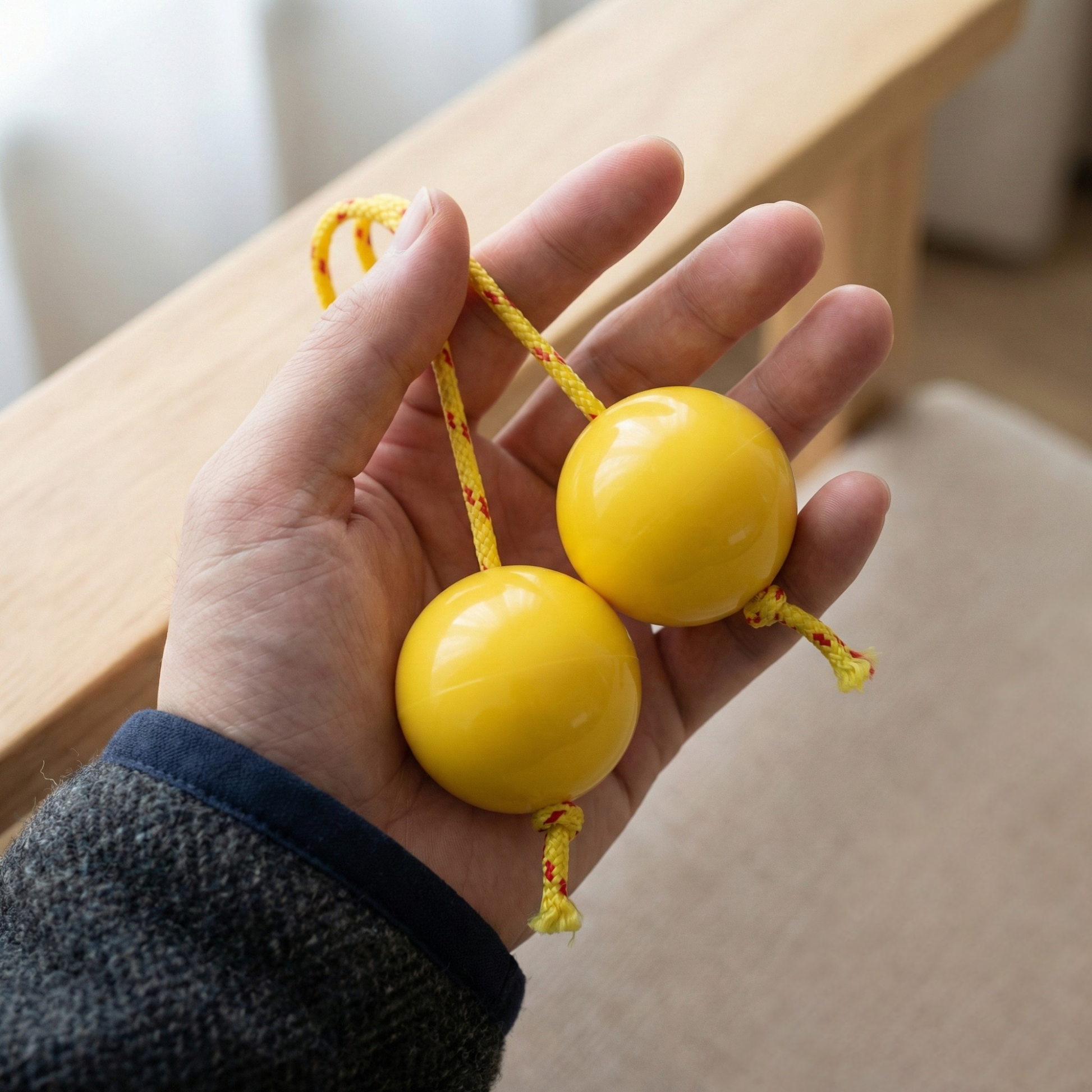 Hand holding a yellow asalato against a blurred indoor background